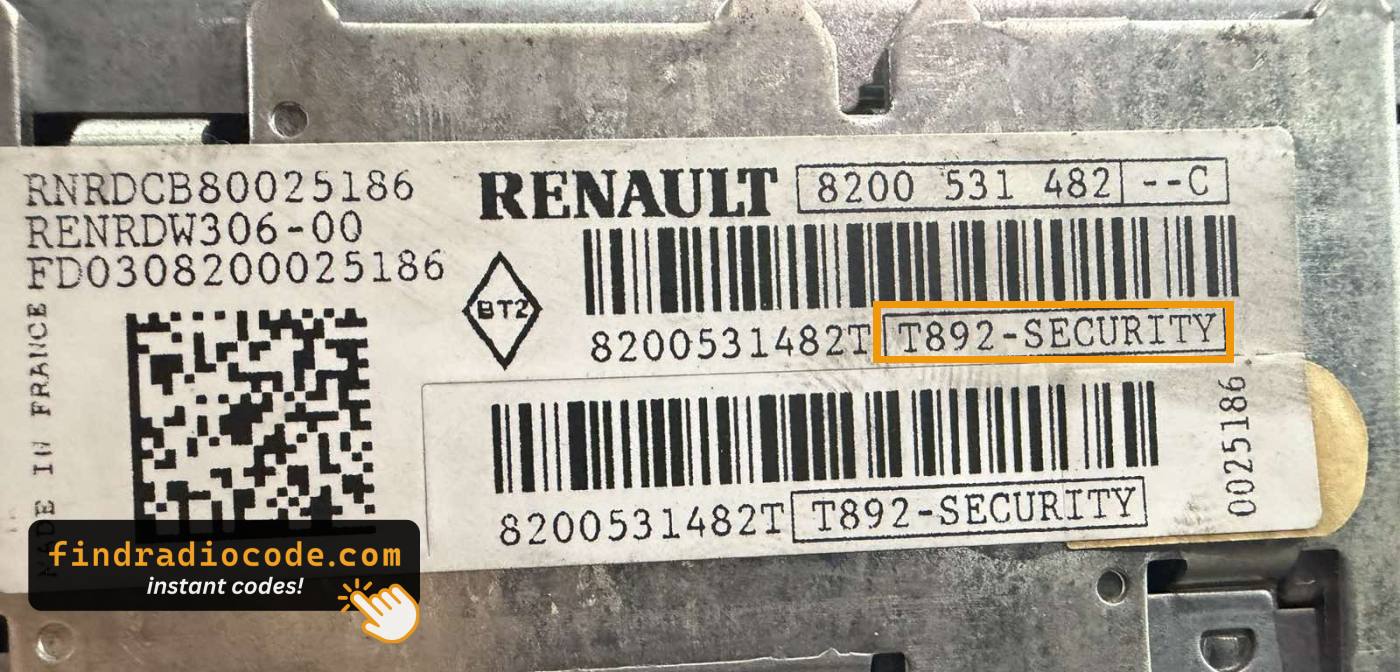 Renault Update List radio label with pre-code T892 printed next to SECURITY